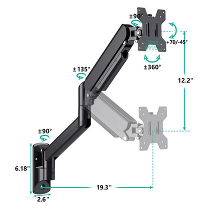 WALI Computer Monitor Wall Mount for 17 to 32 Inch Screens, Single Monitors Mount Holds up to 22lbs, Fully Adjustable Gas Spring Wall Mount Monitor Arm, 75x75/100x100mm VESA Mount (GSWM001), Black