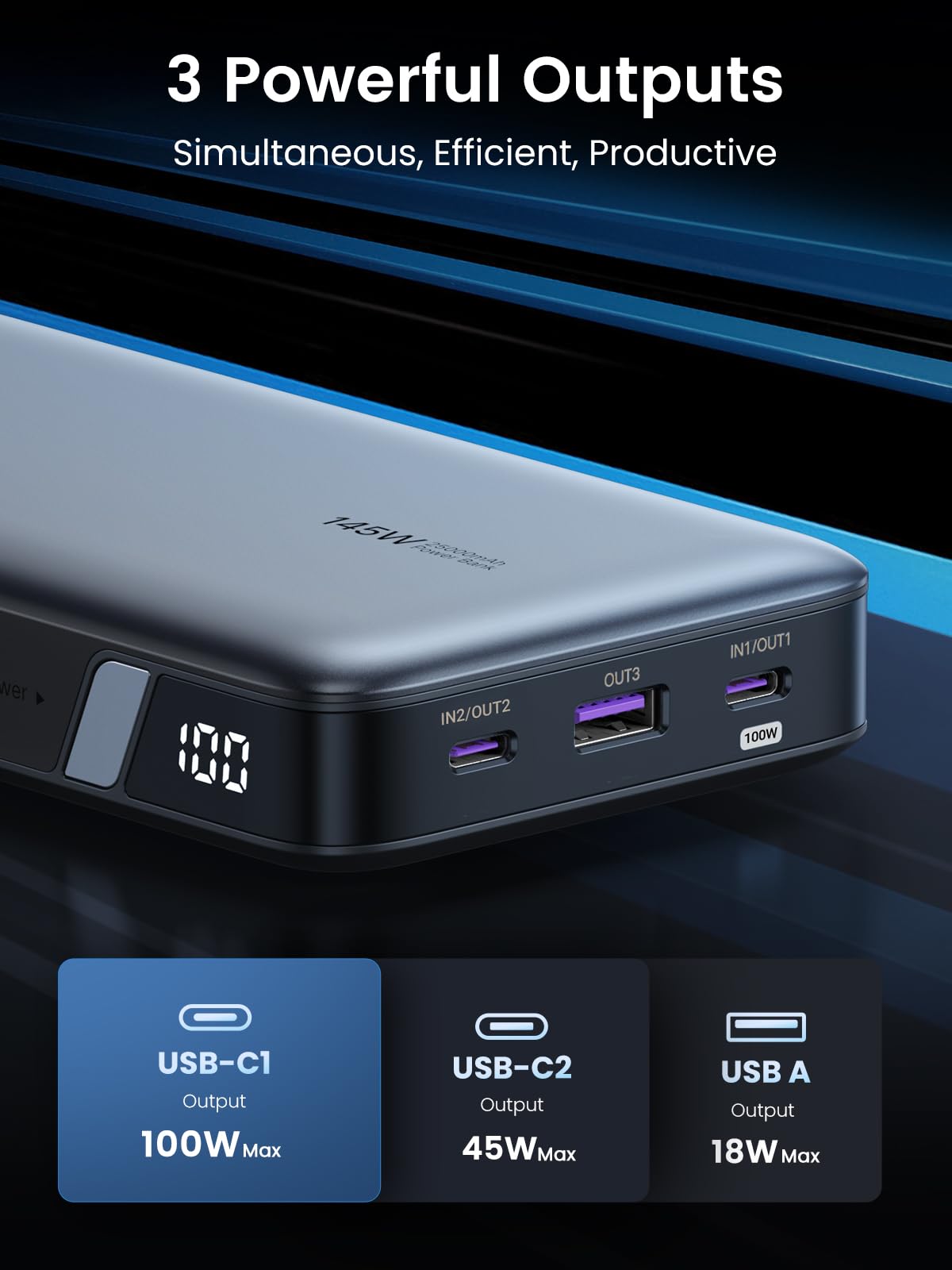 UGREEN Power Bank 25,000mAh 145W Laptop Portable Charger, Nexode 3-Port USB C PD Battery Pack, for MacBook Pro/Air, Dell XPS, iPhone 16/15/14, Galaxy S24, Steam Deck, iPad, and More