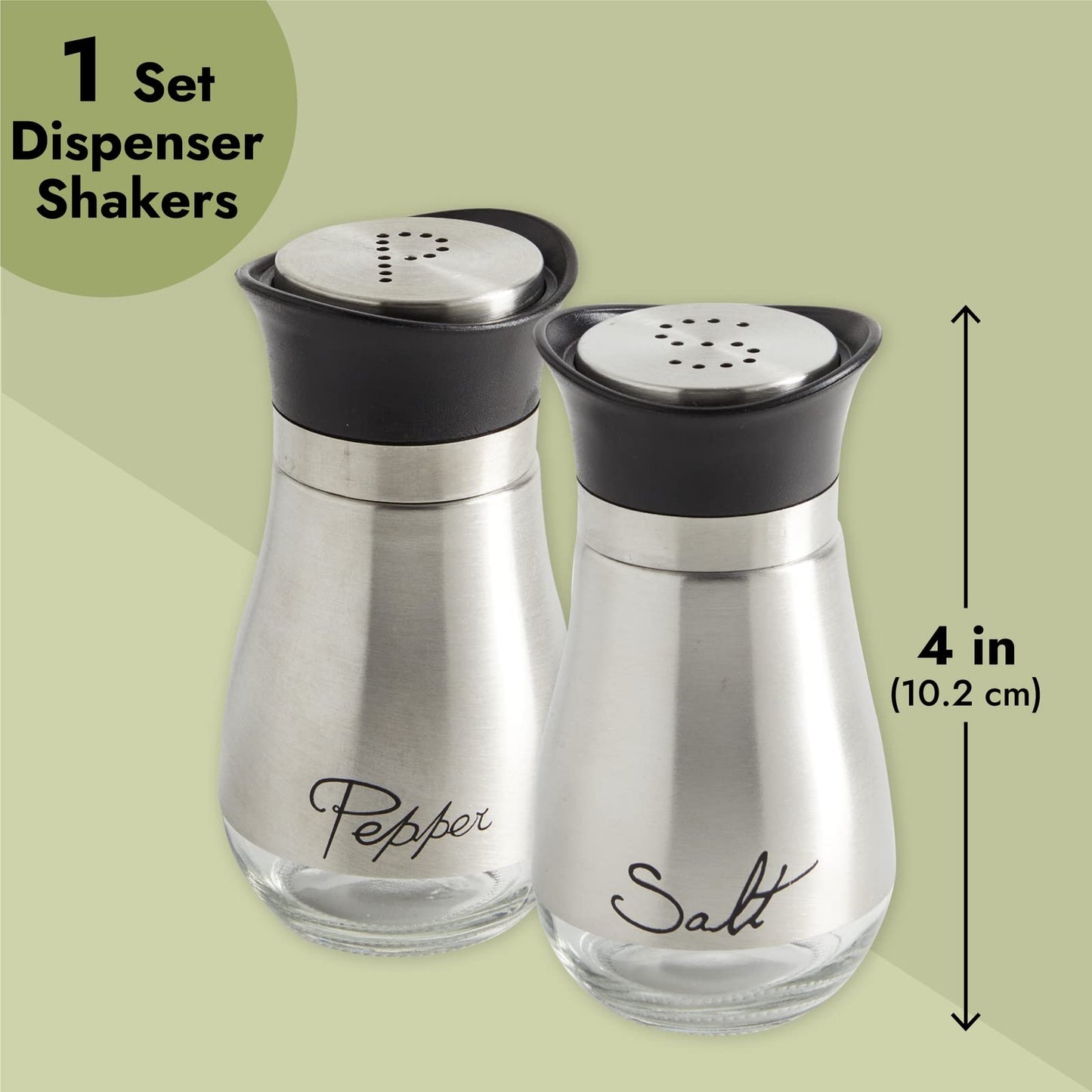 Stainless Steel Salt and Pepper Shaker Set with Glass Bottom, Perforated "S" and "P" Caps - Modern Kitchen Counter Decor (4oz)