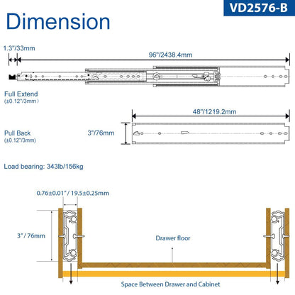 VADANIA 48" Ultra Heavy Duty Drawer Slide with Lock #VD2576-b, 3" Widening Black-electroplated Cold-Rolled Steel, Industrial Grade Heavy Load Capacity, 3-Fold Full Extension, Side Mount, 1-Pair