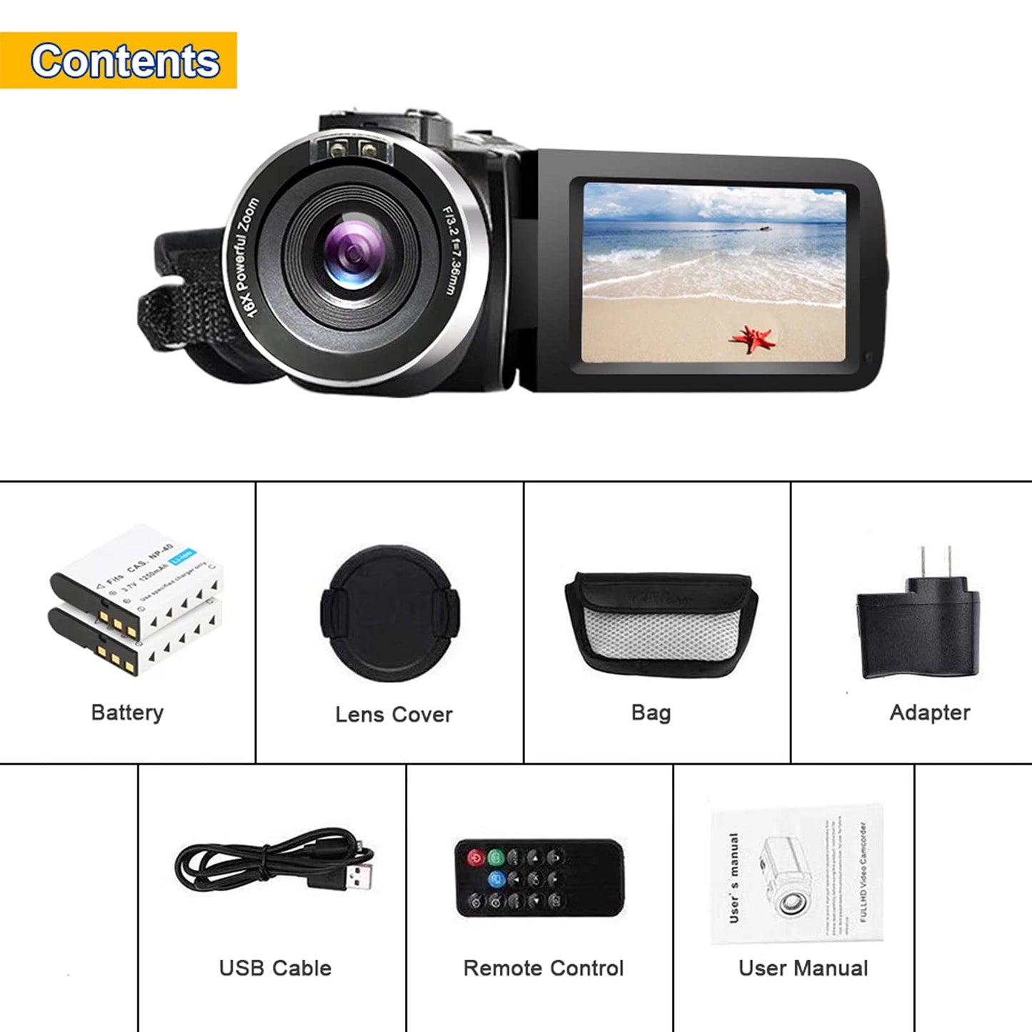 Video Camera Camcorder Full HD 1080P 30FPS 24.0 MP IR Night Vision Vlogging Camera Recorder 3.0 Inch IPS Screen 16X Zoom Camcorders Camera Remote Control with 2 Batteries