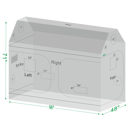 Green Hut 96"x48"x72" Roof Cube Grow Tent with Observation Windows, Lightproof, Mylar Hydroponic Tent with Floor Tray for Indoor Plant Growth