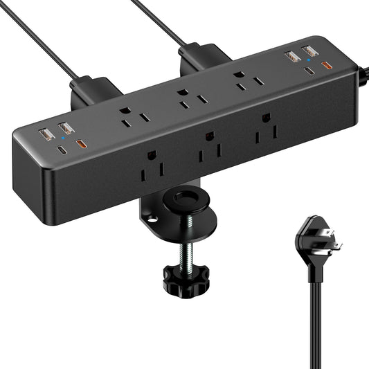 Flat Plug Desk Clamp Power Strip 10FT, 40W Total Fast Charging Station, Dual PD 20W USB C Ports, Desk Edge Mount Power Strip 9 AC Outlets 8 USB Ports(4 USB C) Surge Protector, Fit 1.7" Tabletop Edge