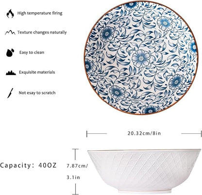 YALONG Ceramic 40 Oz Ramen Bowls Set of 4, 8 Inch Soup Bowls for Pho,Noodle,Salad, Pasta and Serving, Blue and White Japanese, Microwave and Dishwasher Safe