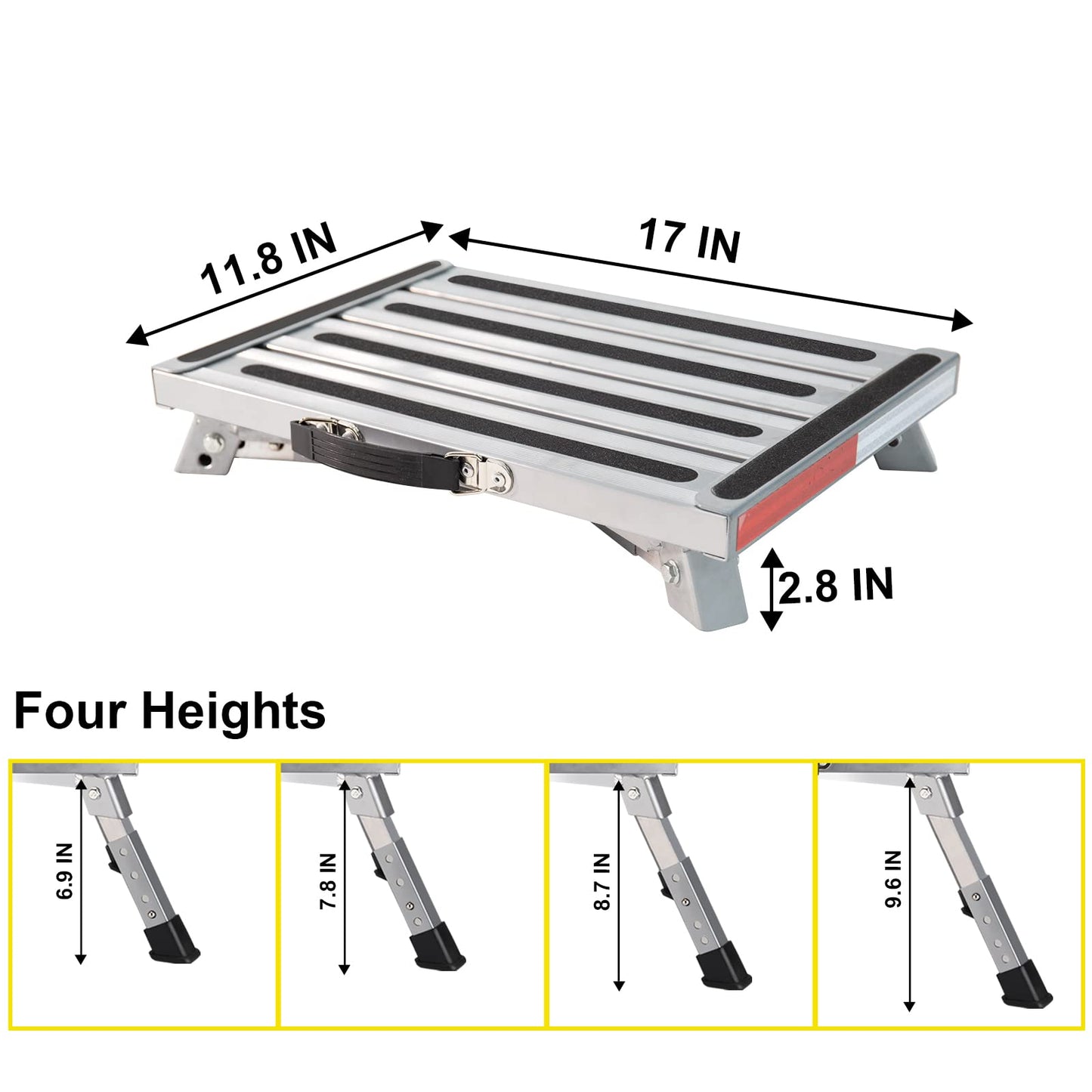 Safety RV Steps, Yagud Height Adjustable Folding Platform Step with 17" X 12" Anti-Slip Surface, Rubber Feet, Handle, Reflective Strips, and T Level, Aluminum RV Step Stool Supports Up to 1000lbs