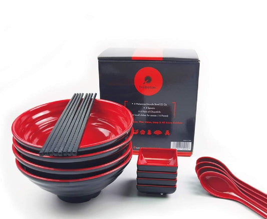 Goliber Ramen Bowl Set - Sushi Set - Set of 4-16pcs Includes Melamine Ramen Bowls, Chopsticks, Spoons and Small Dish for Sauce