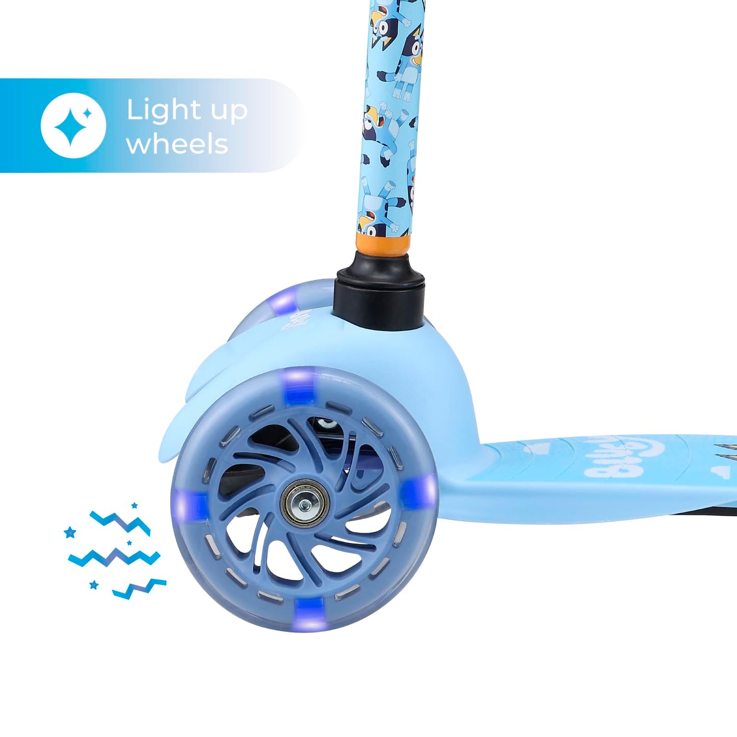 Voyager Self Balancing Kick Scooter with Light Up Wheels, Extra Wide Deck, 3 Wheel Platform, Foot Activated Brake, 75 lbs Limit, Kids & Toddlers Girls or Boys, for Ages 3 and Up, Bluey