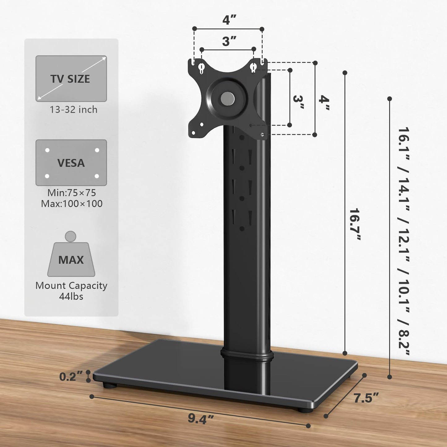 Single Monitor Stand VESA Mount for 13-32 Inch Screens, Free-Standing Monitor Riser with Swivel Tilt Rotation Height Adjustable, Universal Desk Stand up to 44lbs, VESA 75x75, 100x100mm
