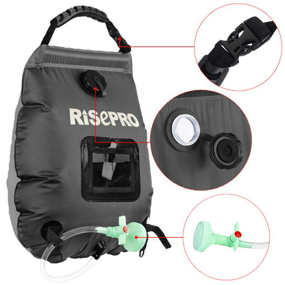 RISEPRO Solar Shower Bag, 5 gallons/20L Solar Heating Premium Camping Shower Bag Hot Water with Temperature 45°C Removable Hose on/Off Switchable Shower Head Hiking Climbing Summer Shower BK