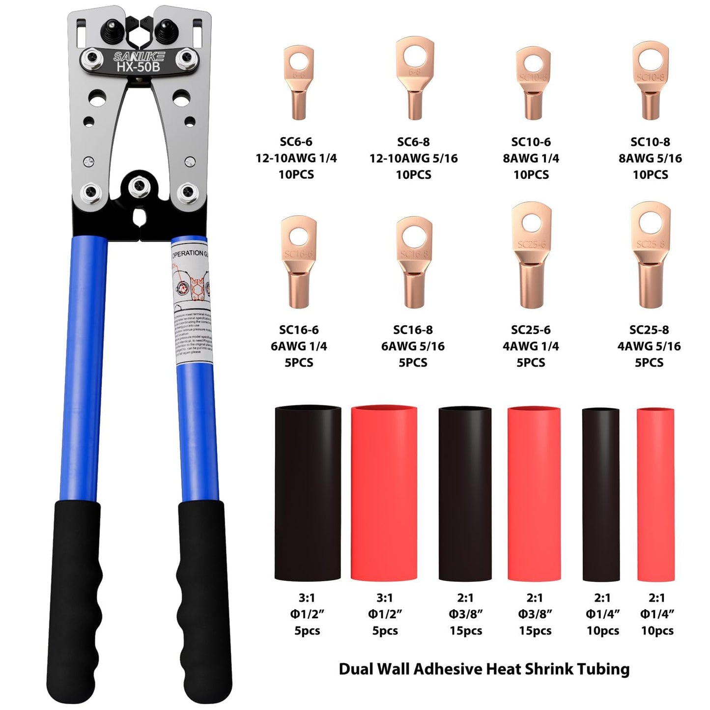 Sanuke Battery Cable Lug Crimping Tool Kit with Cable Cutter 60pcs Ring Terminals 60pcs Heat Shrink Tubing and A Bag, Wire Crimper for AWG 10-1/0 Electrical Lug