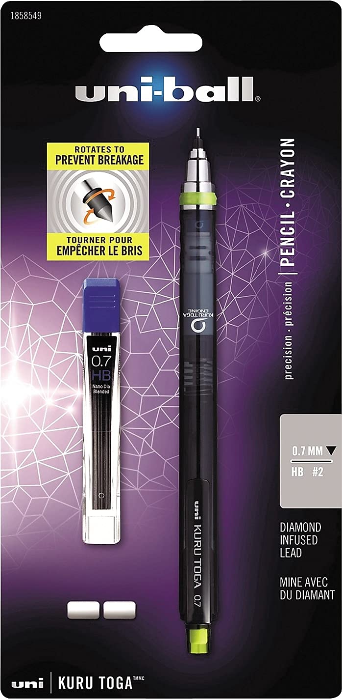uni-ball Kuru Toga Mechanical Pencil with 0.7 mm Lead Refills & Pencil Erasers, HB #2