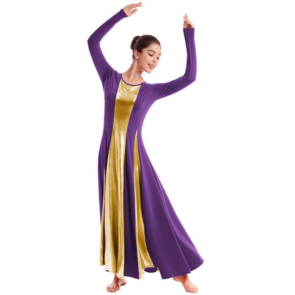 Womens Liturgical Praise Lyrical Dance Dress Loose Fit Full Length Metallic Color Block Long Sleeve Worship Costume Ballet Maxi Swing Gown Purple+Gold XL