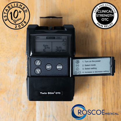 Roscoe Medical TENS Unit and EMS Muscle Stimulator, Twin Stim, OTC TENS Machine for Lower Back Pain Relief, Neck Pain, or Sciatica Relief, Clinical Strength Stim Machine
