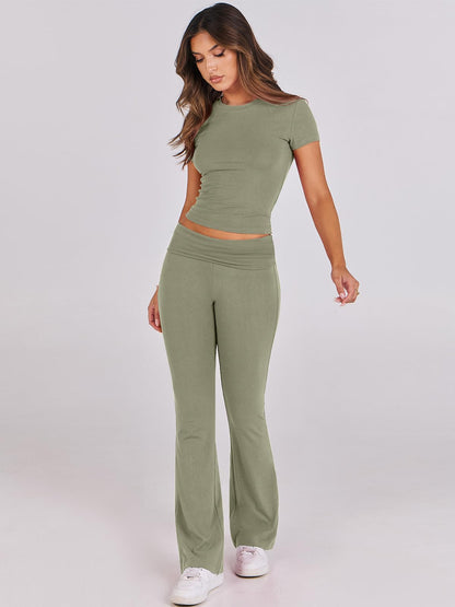 ANRABESS Lounge Sets for Women 2 Piece Foldover Yoga Flare Leggings Pants Crop Tops Casual Y2K Outfits Matching Tracksuit Set Olive Small