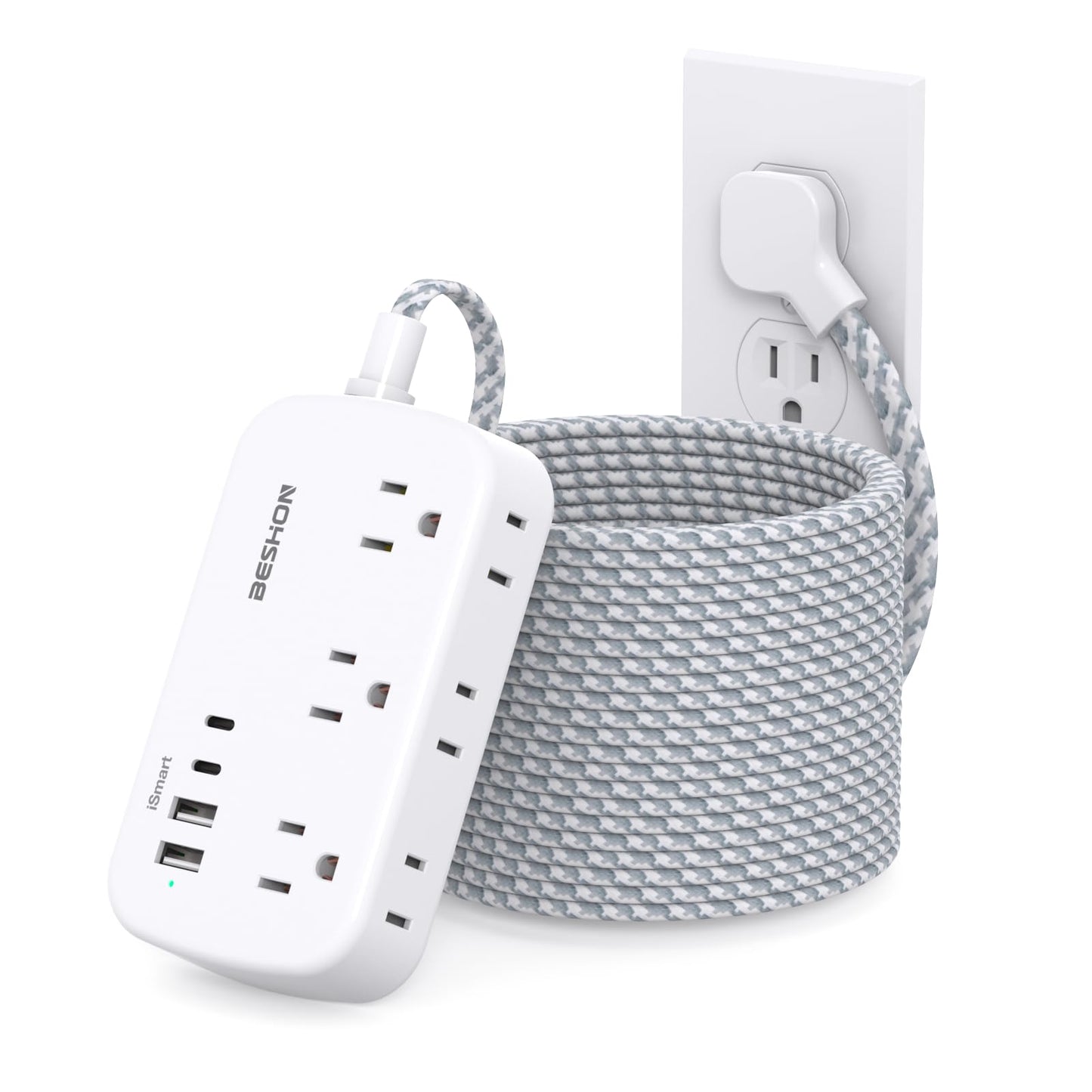 Extension Cord 25 Ft, Flat Plug Power Strip with 6 Outlets with 4 USB Ports(2 USB C), Wall Mount Charging Station, No Surge Protector for Home Office College Dorm Room Travel Essentials