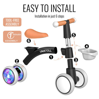 Umatoll Colorful Lighting Baby Balance Bike Toys for 1 Year Old Boys Gifts, Adjustable Seat Baby Walker, One Year Old Boy Birthday Gifts, 12-24 Months Toddler First Ride on Toys