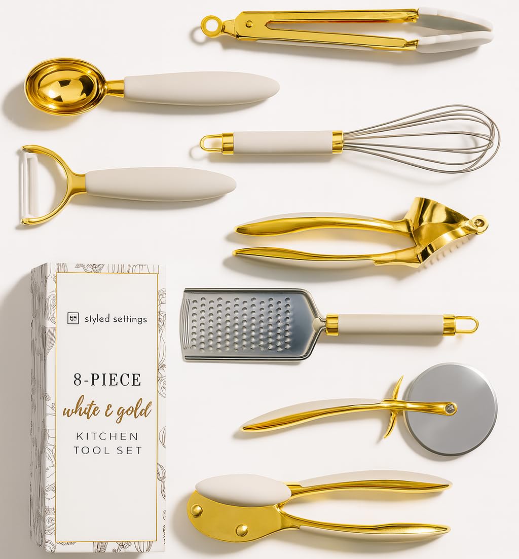 White & Gold Cooking Utensils Set - Luxe 8-Piece Kitchen Gadget Set Includes Can Opener, Tongs and Garlic Press - Stylish White and Gold Kitchen Accessories for Modern Kitchens, Ideal for Gifting