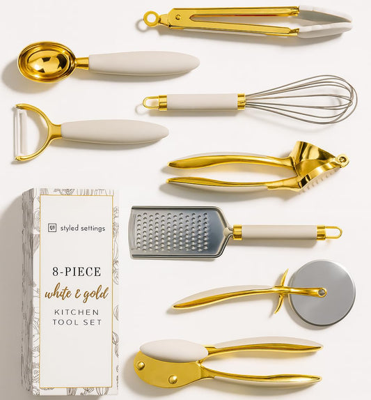 White & Gold Cooking Utensils Set - Luxe 8-Piece Kitchen Gadget Set Includes Can Opener, Tongs and Garlic Press - Stylish White and Gold Kitchen Accessories for Modern Kitchens, Ideal for Gifting