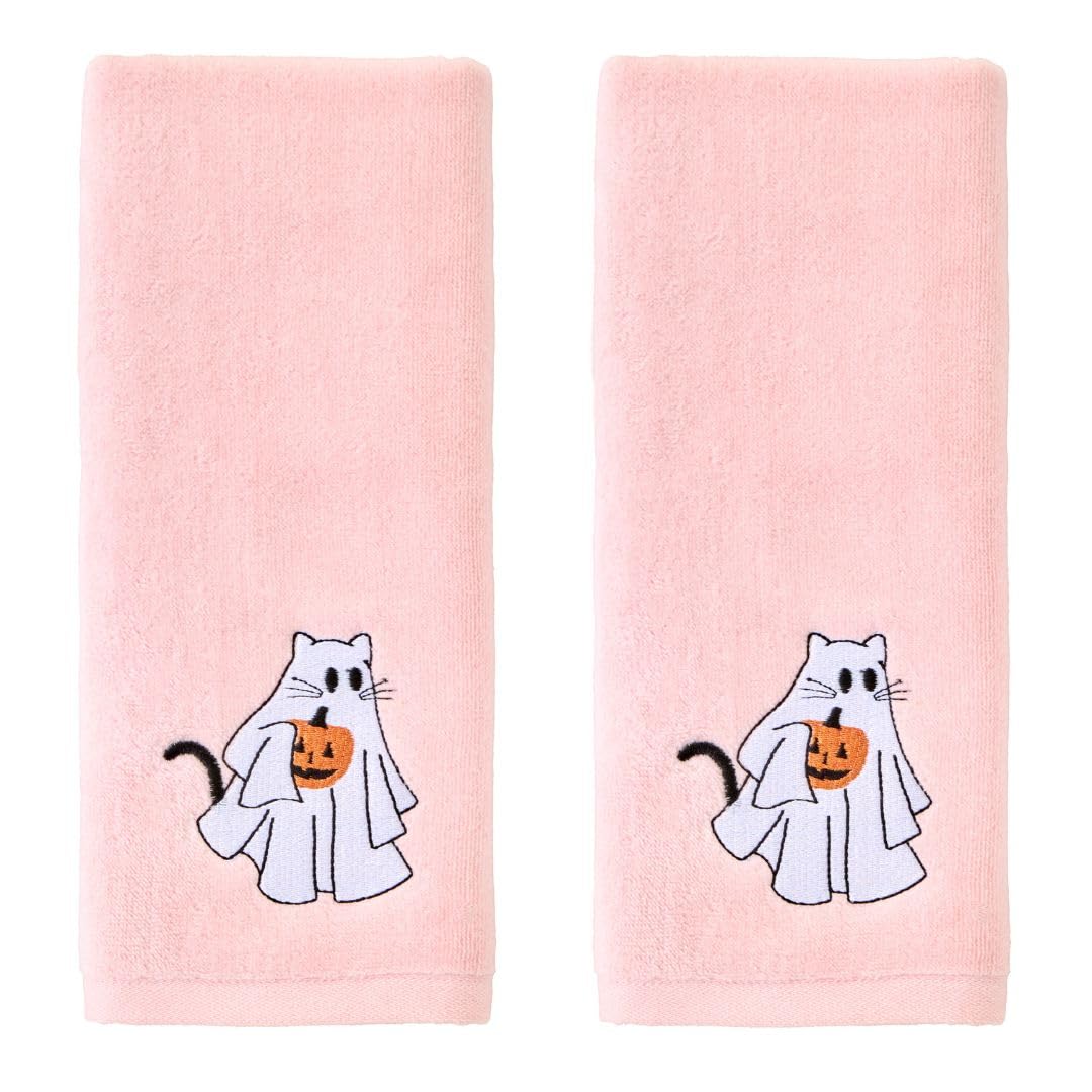 SKL Home Halloween Ghost Cat 100% Cotton Embroidered 2pc Hand Towel Set, Decorative for Bath/Kitchen/Bar & Gift, Pink