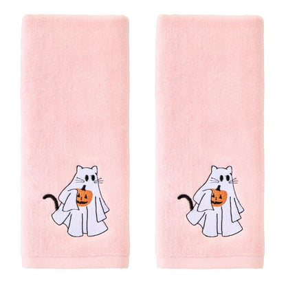 SKL Home Halloween Ghost Cat 100% Cotton Embroidered 2pc Hand Towel Set, Decorative for Bath/Kitchen/Bar & Gift, Pink