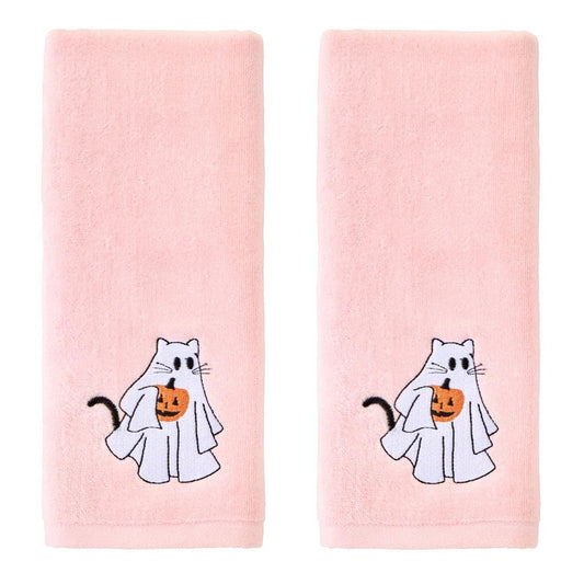 SKL Home Halloween Ghost Cat 100% Cotton Embroidered 2pc Hand Towel Set, Decorative for Bath/Kitchen/Bar & Gift, Pink
