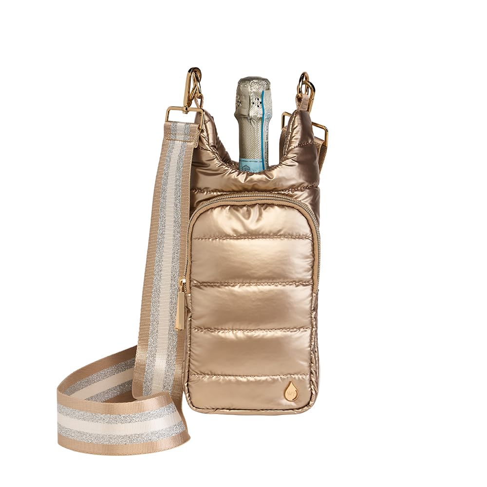 WanderFull® Original HydroBag® Fits Up to 32 oz Water Bottle Holder with Strap - Hands-Free Crossbody Water Bottle Carrier Bag with Phone Pocket - Light Gold
