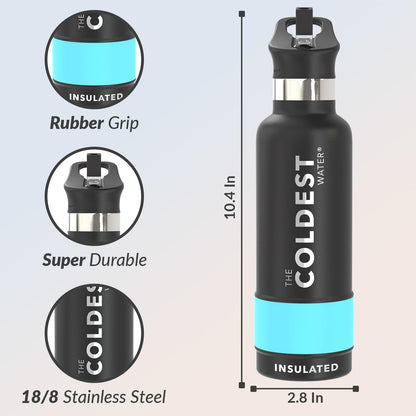 Coldest Insulated Water Bottle with Straw Lid - Stainless Steel Metal Insulated Bottle for Men & Women (Matte Black, 21 oz)