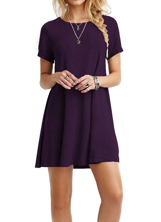 TINYHI Women's Swing Loose Short Sleeve Tshirt Fit Comfy Casual Flowy Tunic Cotton Dress Purple, Small