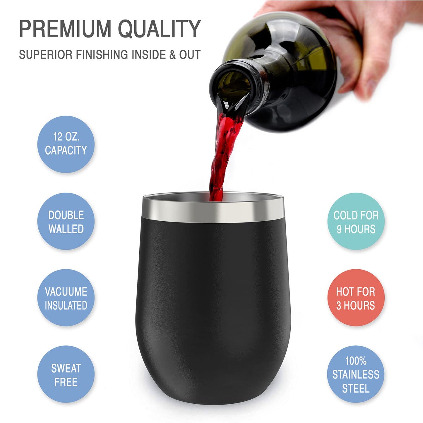 CHILLOUT LIFE Stainless Steel Wine Tumblers 2 Pack 12 oz & 1 Insulated Wine Bottle - Double Wall Vacuum Insulated Wine Cups with Lids and Straws Set - Black