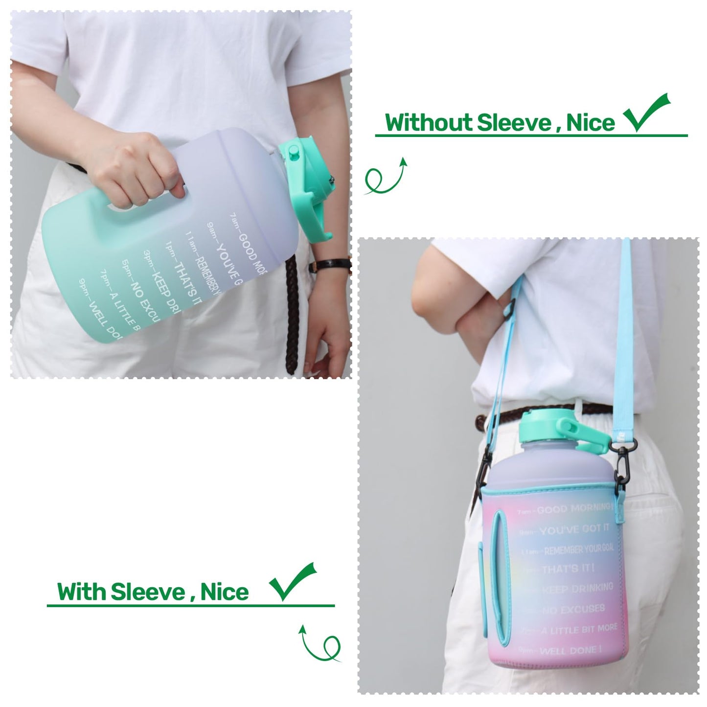 QuiFit 1 Gallon Water Bottle - with Straw & Motivational Time Marker Leak-Proof BPA Free Reusable Gym Sports Outdoor Large(128OZ) Capacity Water Jug(Purple/Green with Sleeve,1 Gallon)