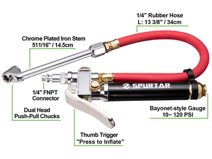 Spurtar 10-120 PSI Heavy Duty Tire Pressure Gauge with Inflator Air Chuck with Pressure Gauge with 4 Way Tool and Valve Cores Air Compressor Attachments Tire Inflator Nozzle for Car Automotive Truck