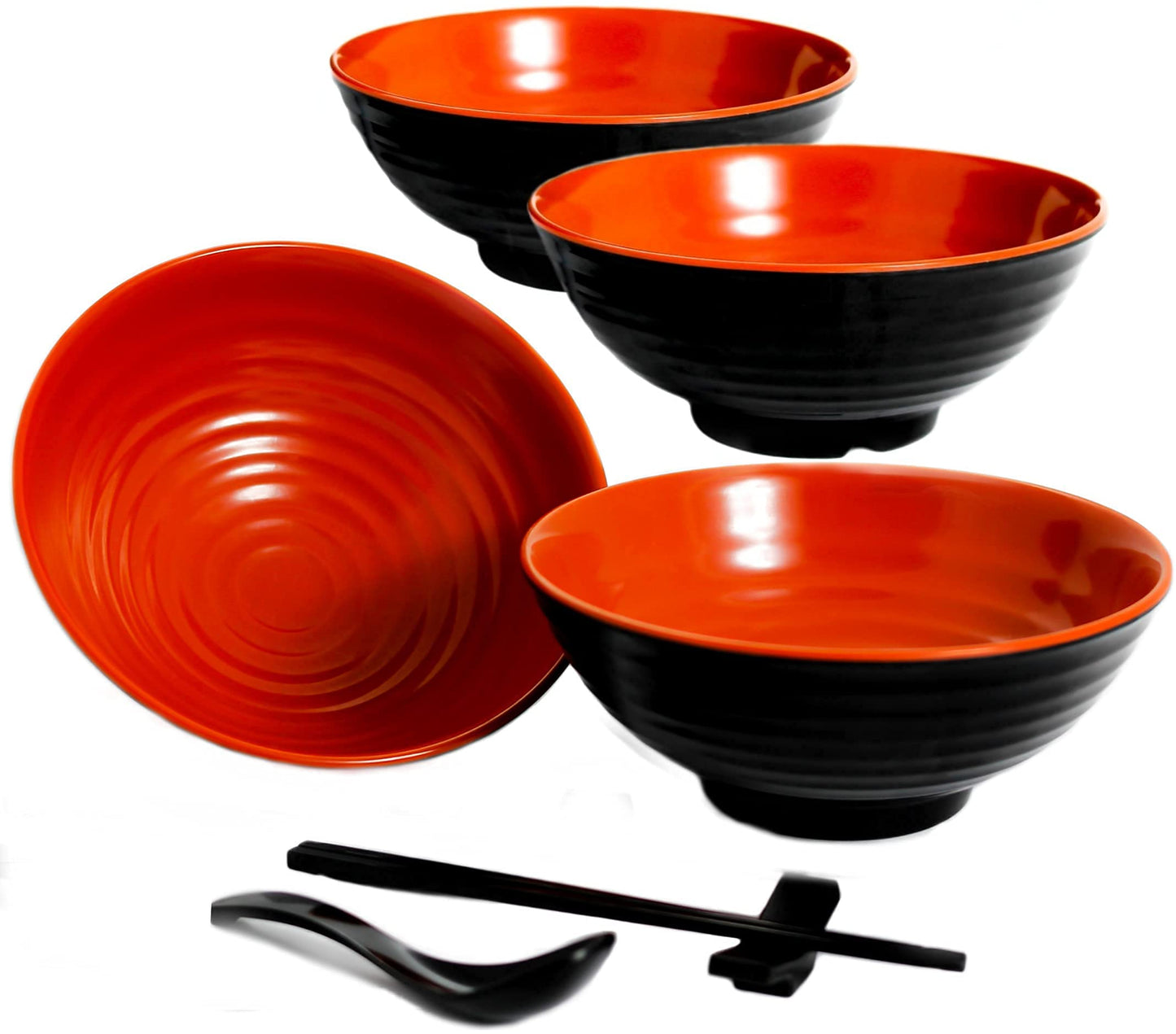 4 Ramen Bowls, 12 pieces Pho set. Red Black Ramen Bowl Set. Unbreakable Melamine. Asian Japanese soup. Spoons And Chopsticks kit. . XL 37 oz. Noodles, Rice, Udon, Thai, Chinese, Korean, Wonton, Miso