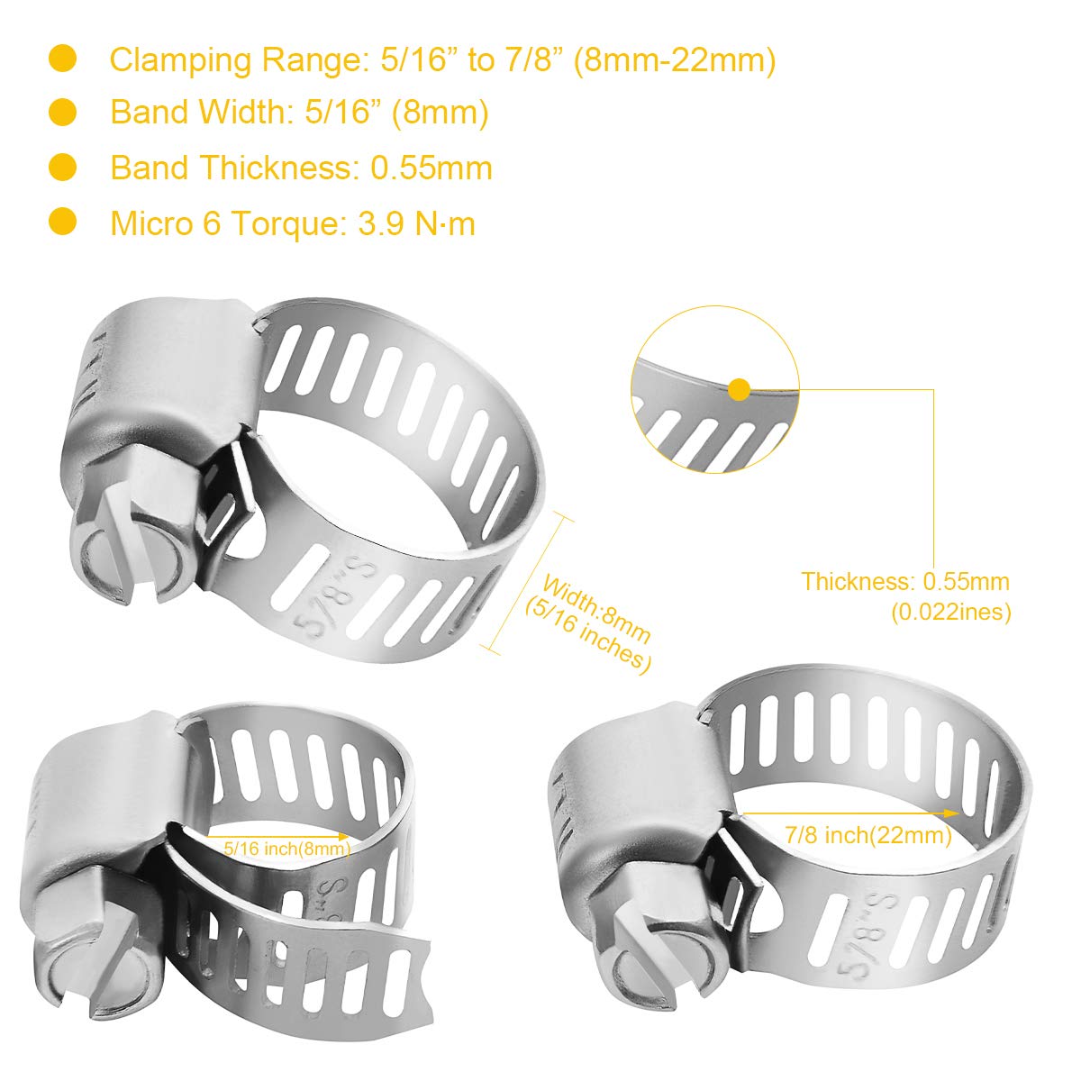 WINL Stainless Steel Hose Clamps - 22 Pack Worm Gear Drive Hose Clamps Micro Size 6 Clamping Range from 5/16 Inch to 7/8 Inch (8mm-22mm) for Automotive Plumbing, 1/2'', 3/4'' Clamps