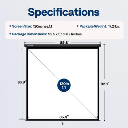 VIVOHOME Projector Screen Pull Down, 1:1 120 Inch Retractable Projection Screen, HD 4K Manual Pull Movie Screen for Home Theater, Cinema, Office (84x84 Inch Black)