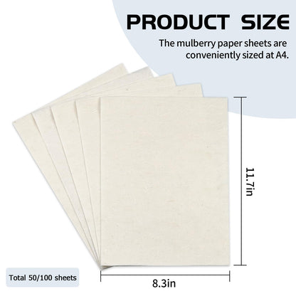 50/100 Sheets FIVEIZERO A4 Mulberry Paper Sheets Natural Fiber Rice Papers,8.3x11.7in Natural Decoupage Tissue Paper for Writing Painting, Decorative &Card Making Papers DIY Craft