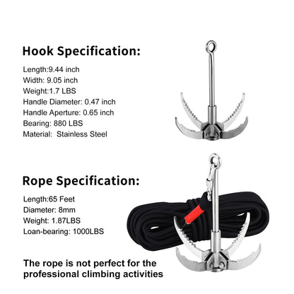 Ant Mag Grappling Hook Stainless Steel Claw Carabiner with 20m/65ft 8mm Auxiliary Black Rope for Camping Hiking Tree Grabbing and Water Lifting Salvage