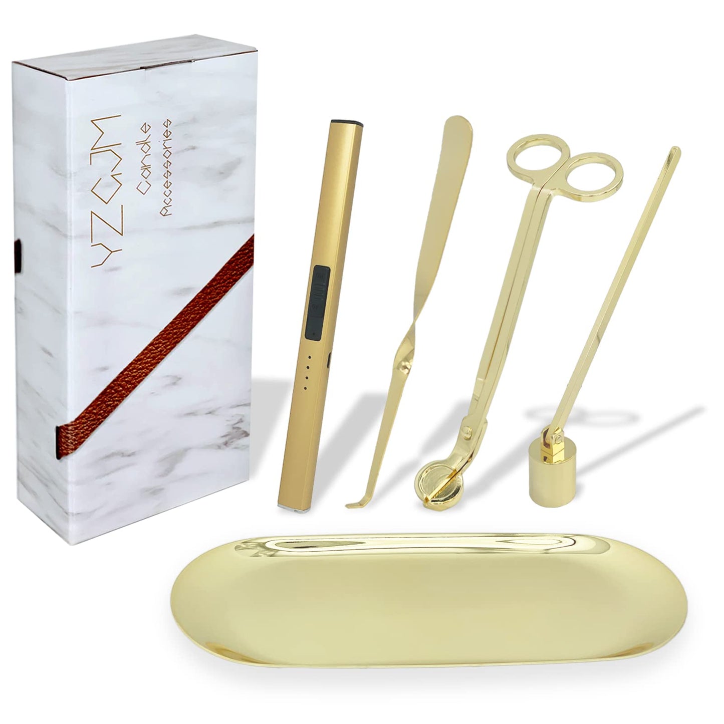 Exquisite Candle Accessories Tool Pack Bag, Rechargeable Electric Lighter， Wick Trimmer, Dipper, Snuffer and Tray Holder Elegant Kit Gift for Candle Lovers in Dating, Valentines Decor. ( Lemon Gold )