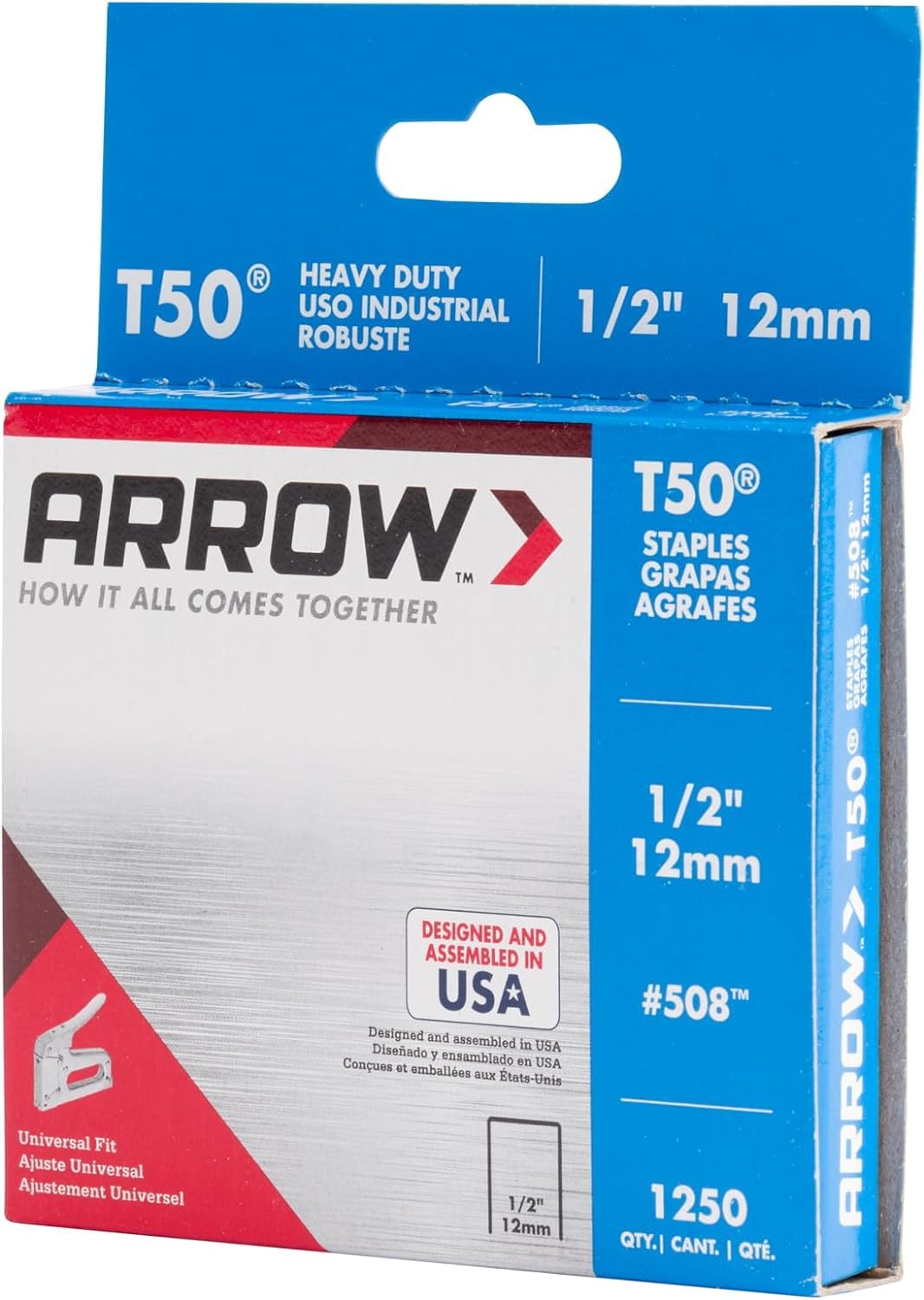 Arrow 508 Heavy Duty T50 1/2-Inch Leg Length, 3/8-Inch Crown, Staples for Upholstery, Construction, Furniture, Crafts, 1250 Count(Pack of 1)