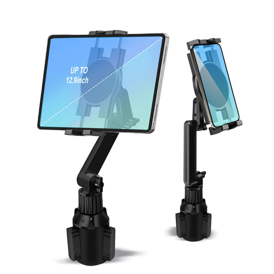 Cup Holder Car Tablet Mount for Truck, 360° Adjustable 15" Long 2-Arm Stand Holder for iPad Pro 12.9/11/10.5/9.7/Air/Mini 6/5/4, Samsung Galaxy Tab/Z Fold 6/5/4, iPhone 16/15/Pro, 4.7-12.9" Tab &Phone