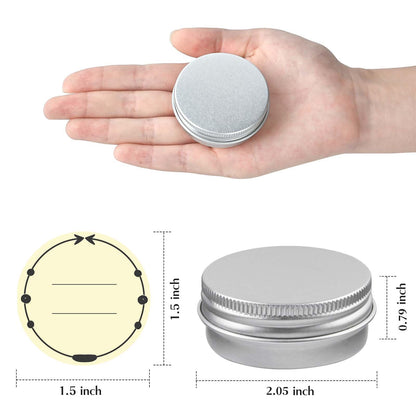 TUZAZO 24Pack 1 Oz Aluminum Tin Cans with Screw Lid and Labels, Refillable Travel Sized Cosmetic Containers Small Tins for Salves, Lotion Bars, Beard Balms, Candles