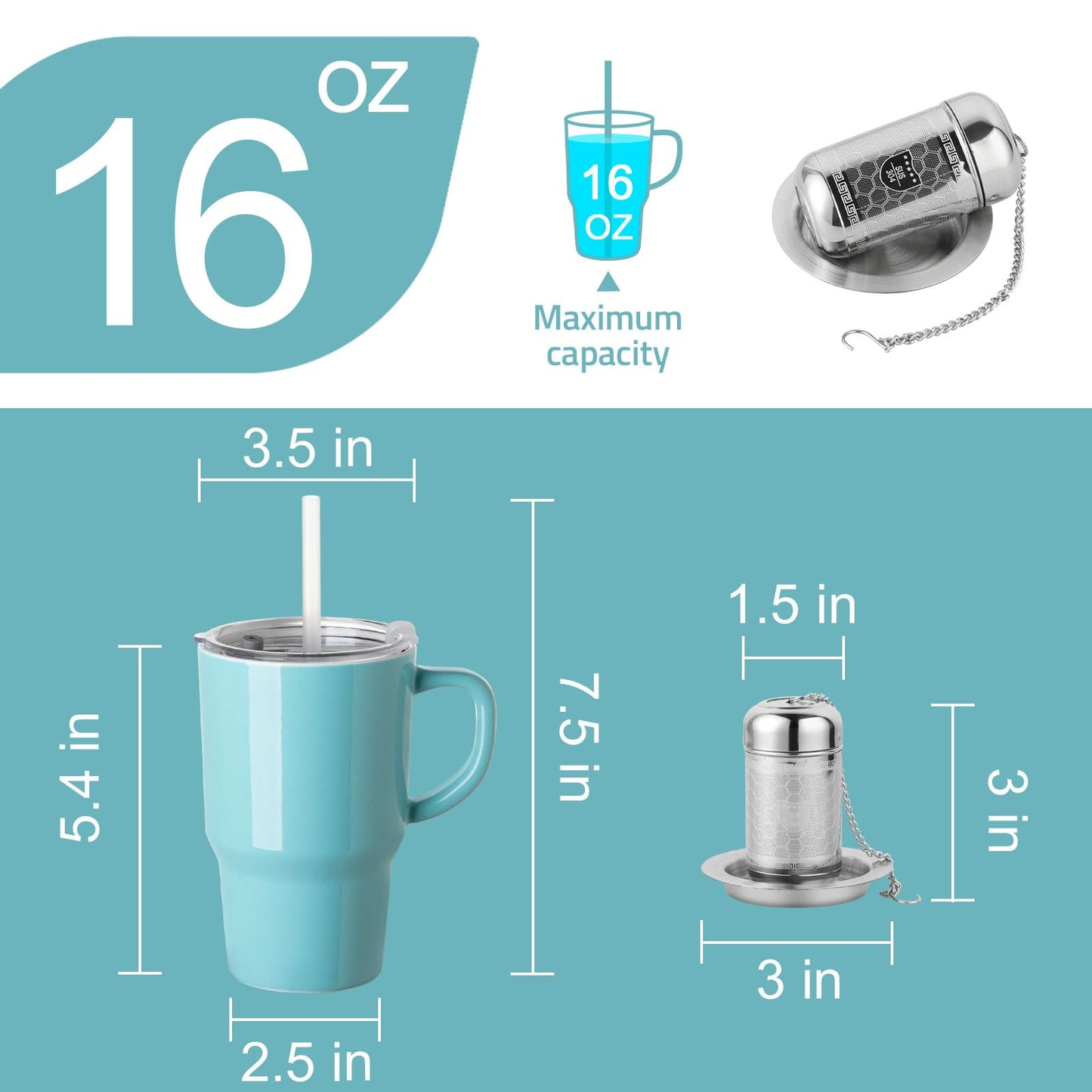 Sweejar Ceramic Travel Mug with Lid, 16 oz Portable Coffee Mug, Dishwasher Safe Tea Cup with Infuser, Reusable Teacup for Car Cup Holder, Tea Lovers(Turquoise)