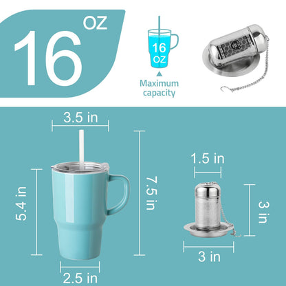 Sweejar Ceramic Travel Mug with Lid, 16 oz Portable Coffee Mug, Dishwasher Safe Tea Cup with Infuser, Reusable Teacup for Car Cup Holder, Tea Lovers(Turquoise)