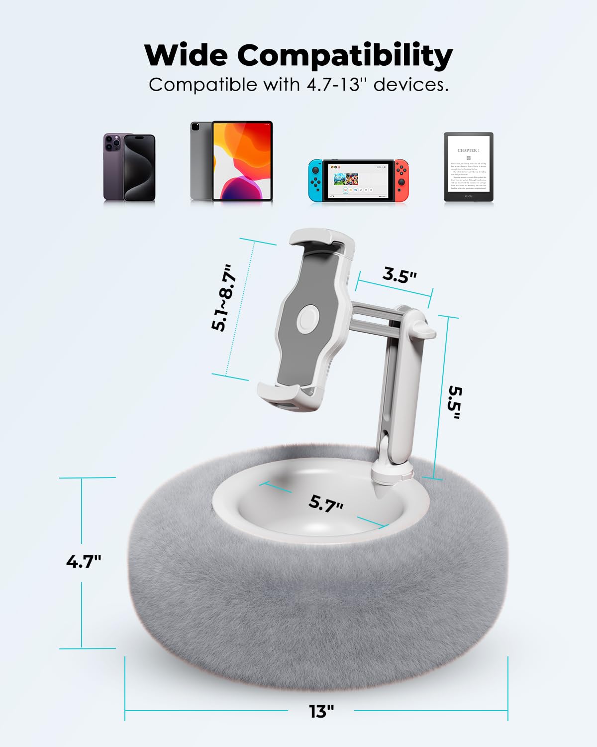 Viozon Tablet Stand Pillow, Compatible with 4.7"-13" Phone/Tablet, iPad, iPhone, Samsung, Google, Kindle, 360°Adjustable Phone Holder for Bed with Soft Plush Fabric, and Detachable Bowl, Grey