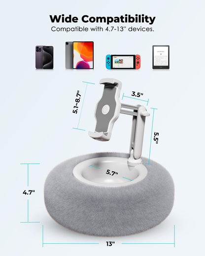 Viozon Tablet Stand Pillow, Compatible with 4.7"-13" Phone/Tablet, iPad, iPhone, Samsung, Google, Kindle, 360°Adjustable Phone Holder for Bed with Soft Plush Fabric, and Detachable Bowl, Grey