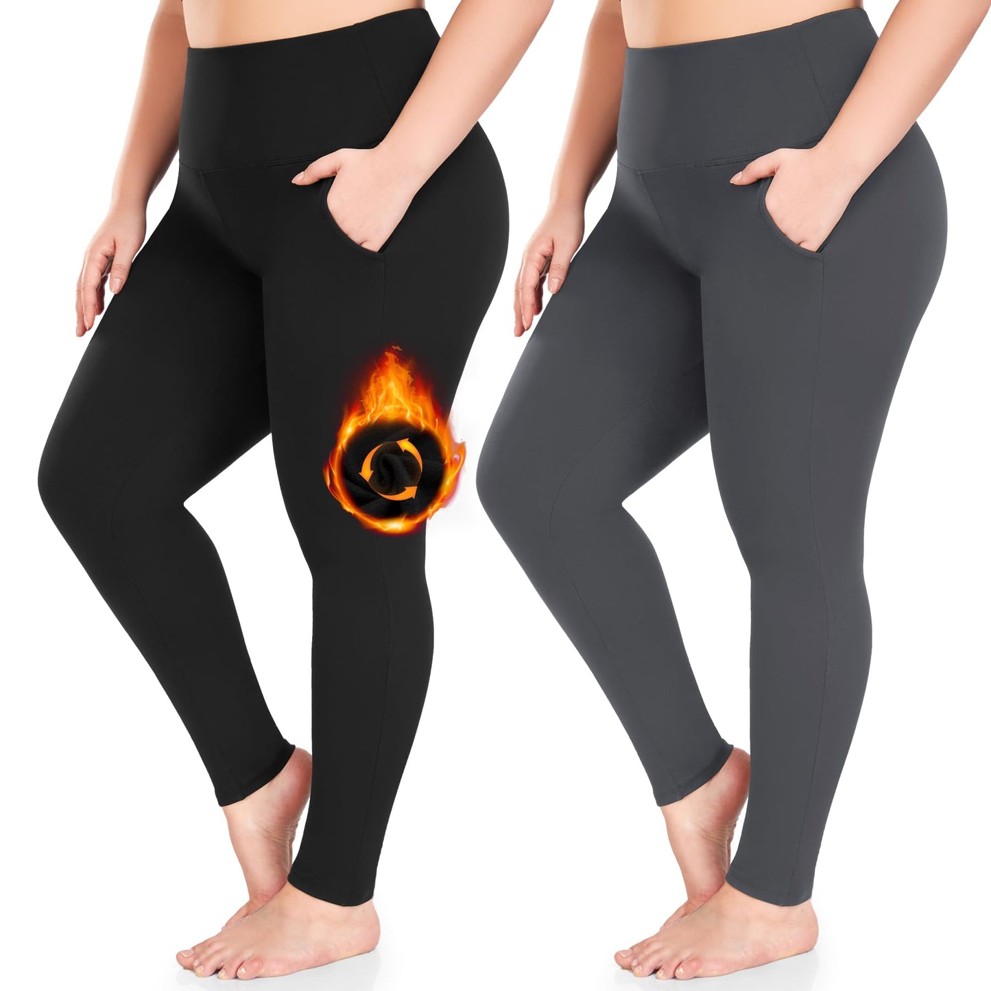 FULLSOFT 2 Pack Plus Size Fleece Lined Leggings with Pockets for Women - High Waist Stretchy 1X-4X Yoga Pants - Thermal Leggings for Winter Workout Running(2XL-Black,Grey)