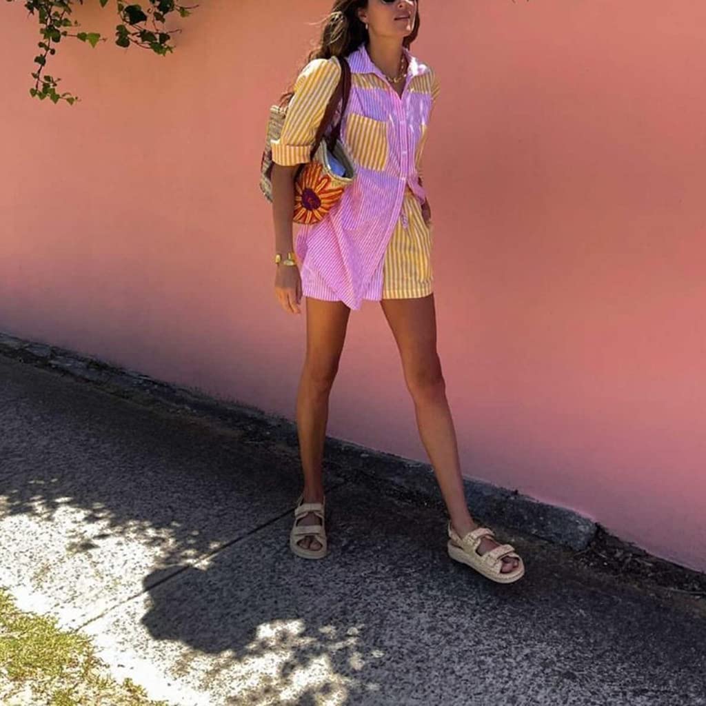 SAFRISIOR Women’s 2 Piece Casual Tracksuit Outfit Sets Stripe Long Sleeve Shirt And Loose High Waisted Mini Shorts Set