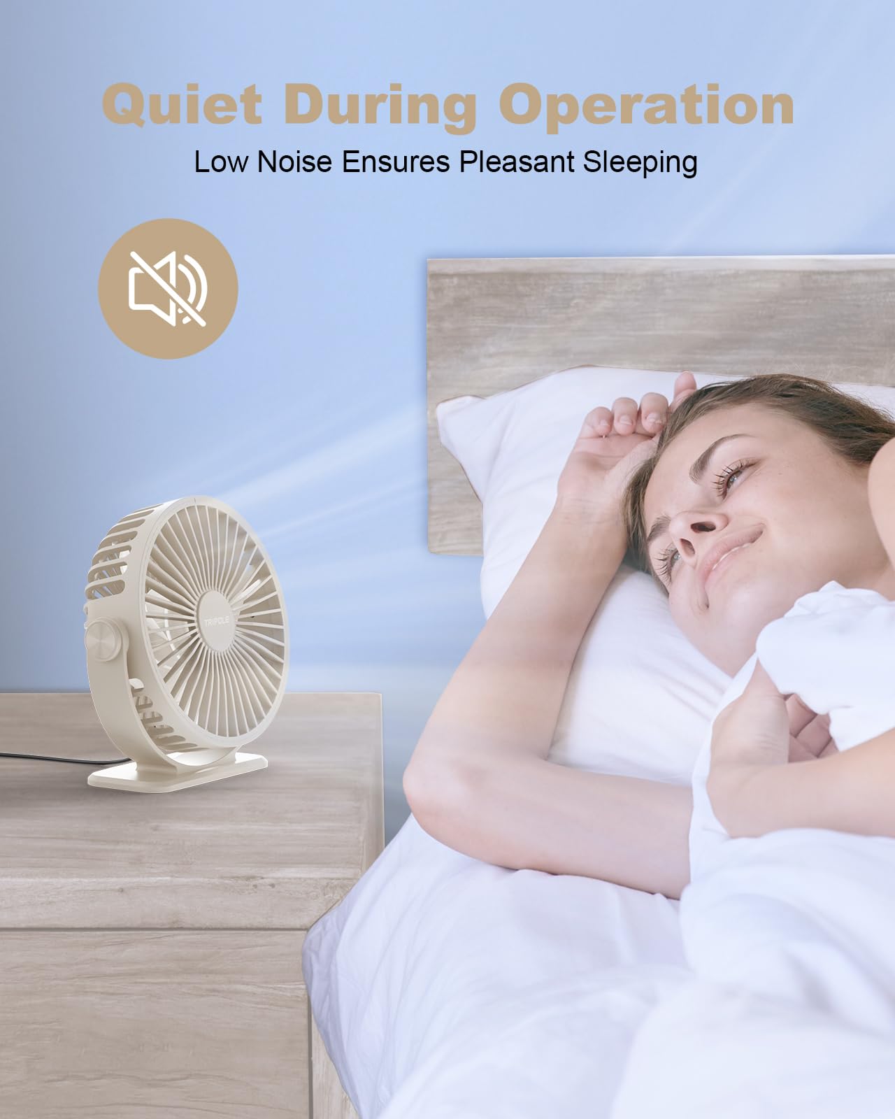 TriPole USB Desk Fan Small Portable Personal Fan, 3 Speeds Adjustable Strong Breeze Mini Electric Fan, 360° Rotation Quiet Plug In USB Fan for Desktop Bedroom Office Table Travel Cruise, Beige, 4.5in