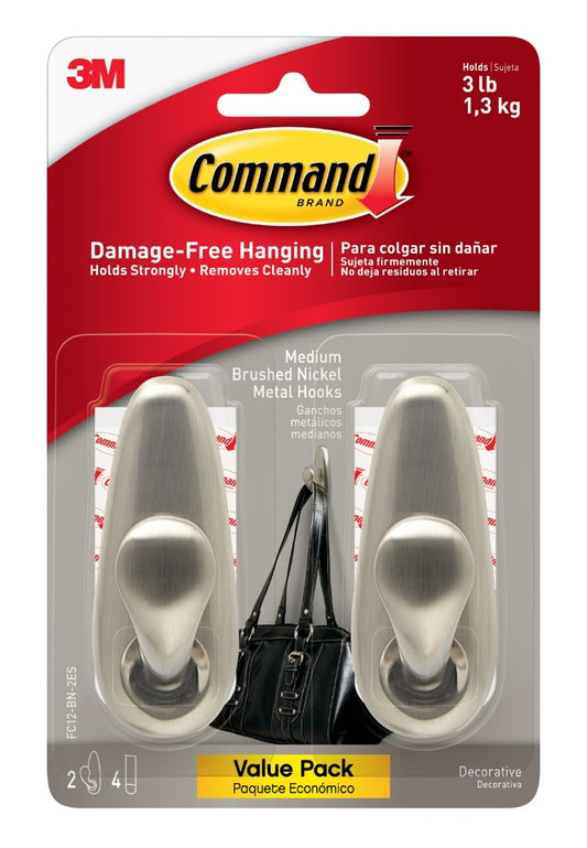 Command Medium Brushed Nickel Hooks, 2 Wall Hooks and 4 Command Strips, Damage-Free Hanging with Adhesive, No Tools Hanging Home and Room Decor, Holds up to 3 lb