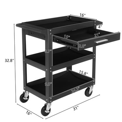 TUFFIOM 3 Tier Rolling Tool Cart with Drawer, Tool Service Cart on Wheels w/2 Brake, 330 LBS Capacity Industrial Heavy Duty Utility Cart, Tool Organizer for Mechanic, Garage, Warehouse & Repair Shop