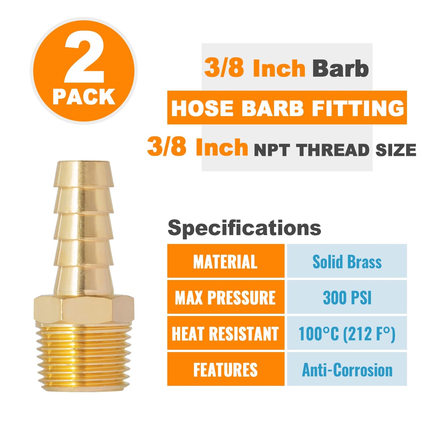 SUNGATOR 3/8'' NPT Brass Hose Barb Fittings, 3/8'' NPT Male Thread to 3/8 Inch Barbed Air Hose Fittings, 3/8 Inch Brass Air Line Repair Connectors for Compressor, Fuel, Oil (2-Pack)
